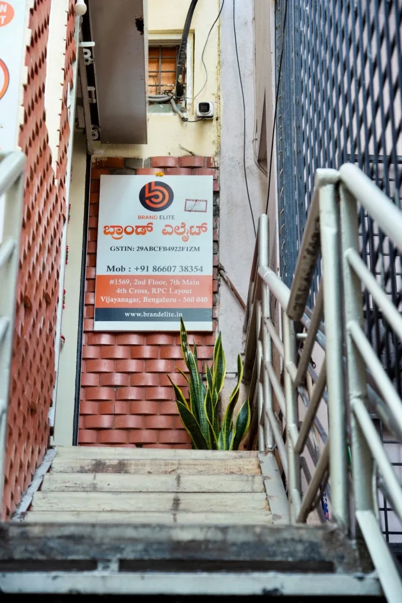 Brand Elite name board with address at the office entrance in Vijayanagar, Bangalore