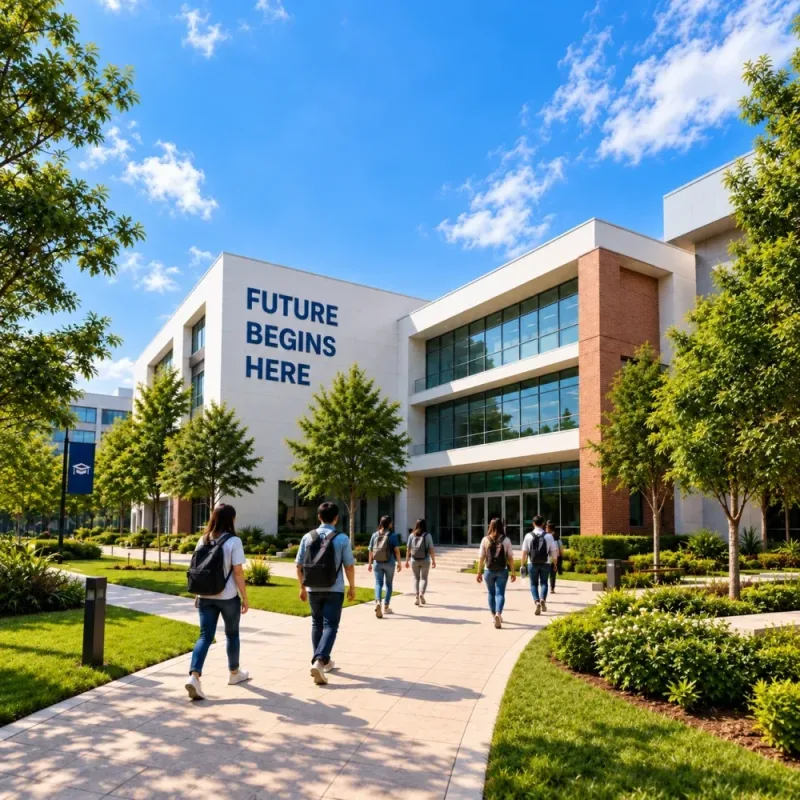 Students walking towards an education institute building
