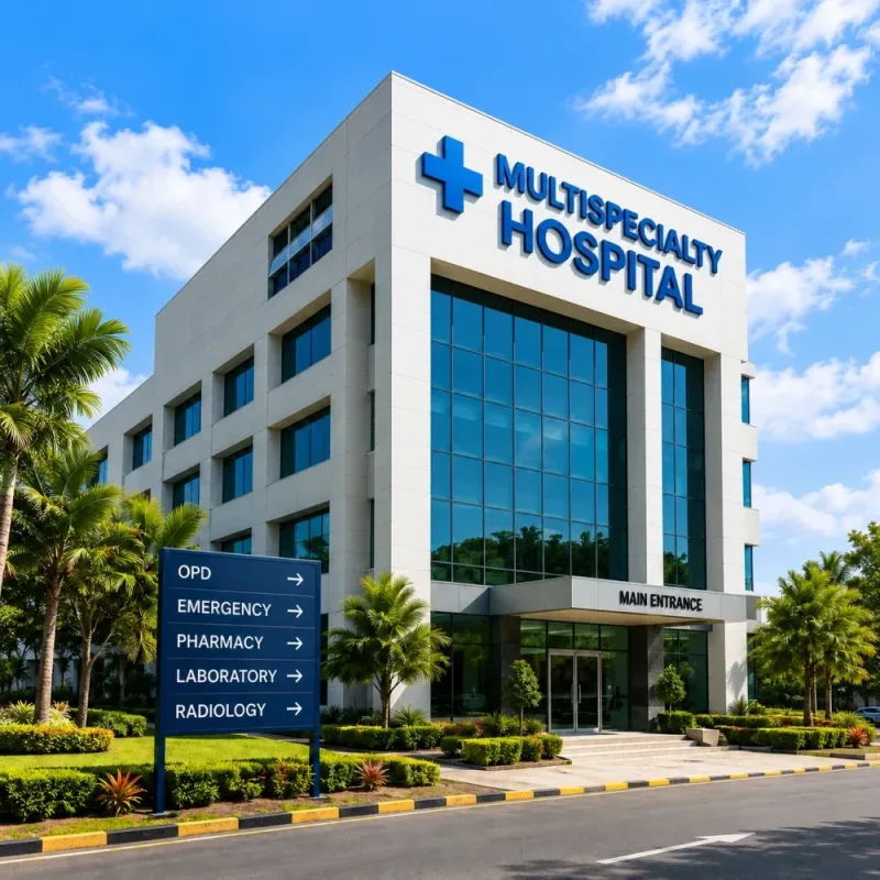 Multi-speciality hospital building with its name on the front