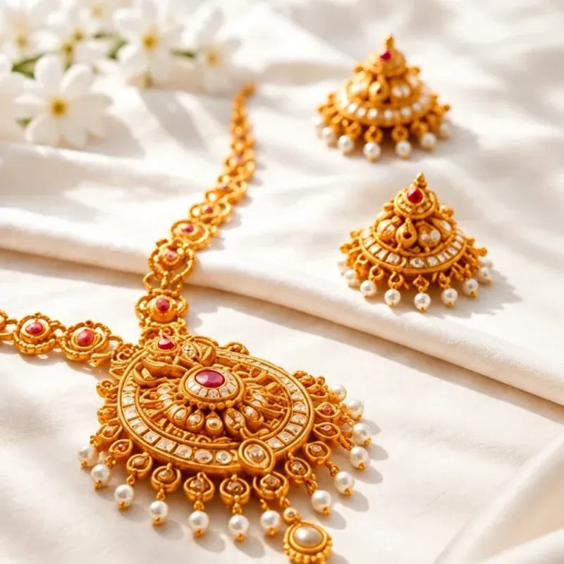 Gold necklace and earrings on a cream cloth