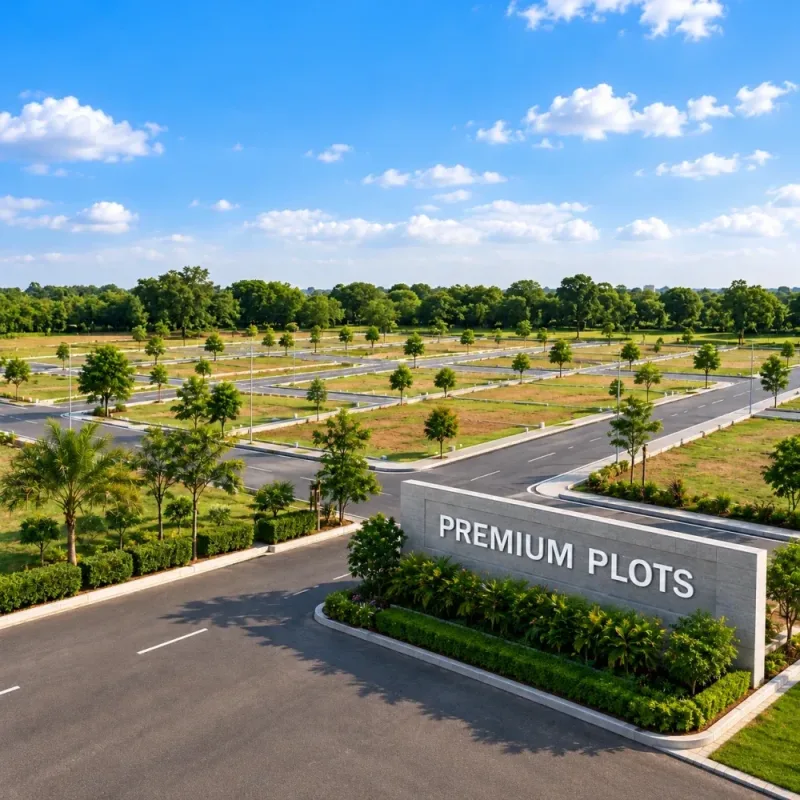 Premium plots layout with a signboard and green trees