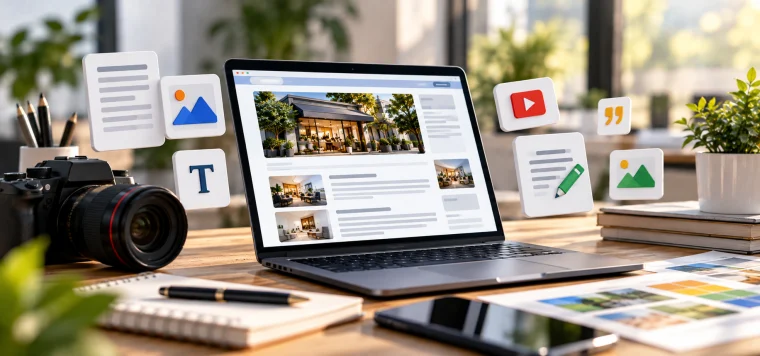 Laptop showing a blog page with a camera, a notebook and floating text, image and video icons