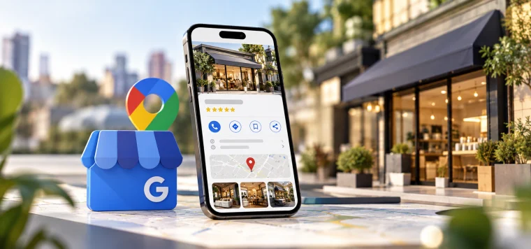 Phone showing a Google Business Profile with reviews, beside the Google business icon and a shopfront