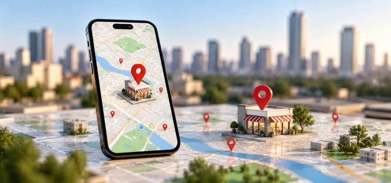 Phone with a Google Maps pin above a city map with a shop marked on it