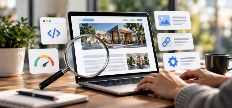 Hands typing on a laptop showing a website, with a magnifying glass and code, image, link and speed icons