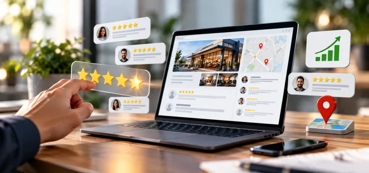 Hand tapping five stars beside a laptop showing a business with customer reviews and a map pin