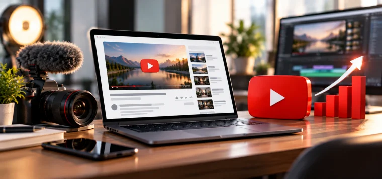 Laptop playing a YouTube video next to a camera with a mic and a rising YouTube chart