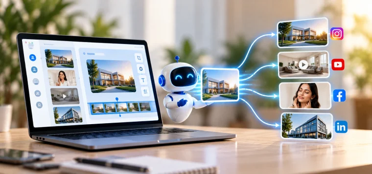 A robot next to a laptop turning one post into Instagram, YouTube, Facebook and LinkedIn versions