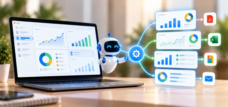A robot next to a laptop dashboard sending charts out as PDF, Excel, Sheets and email reports