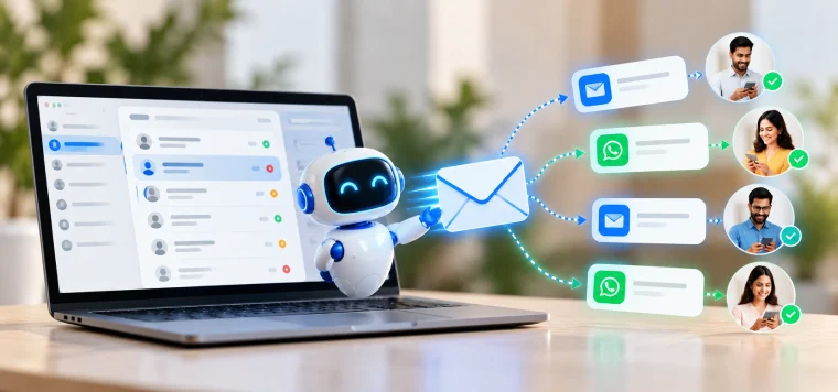 A robot sending follow-up emails and WhatsApp messages from a laptop to several leads