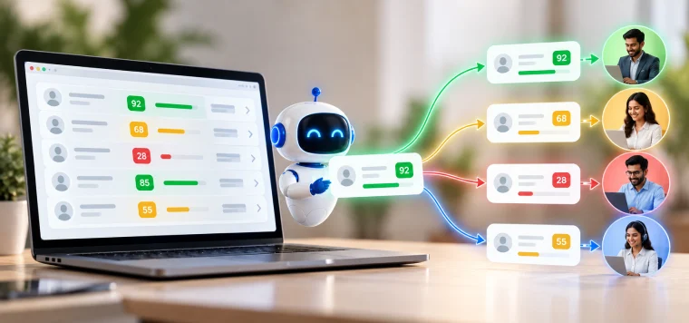 A robot sorting scored leads from a laptop to different team members
