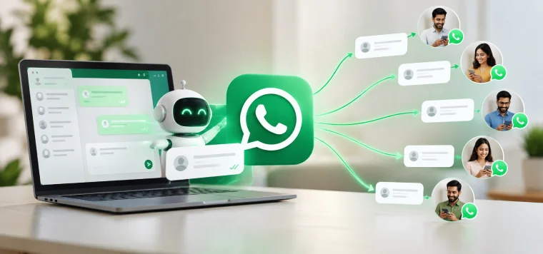 A robot and the WhatsApp logo by a laptop sending instant replies to many customers