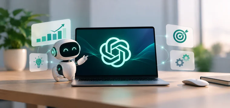 Robot pointing at a laptop showing the ChatGPT logo, with growth, target and settings icons