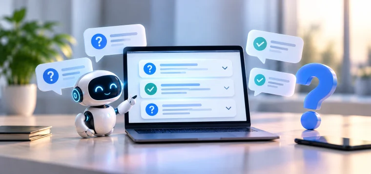 Robot next to a laptop with a list of questions and answers and a big question mark