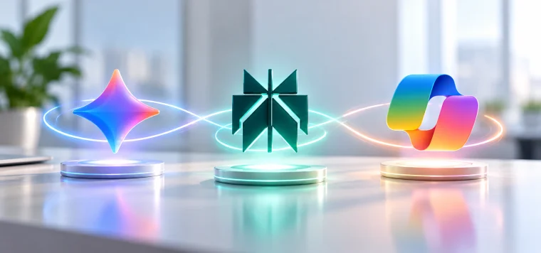 Gemini, Perplexity and Copilot logos glowing side by side on a desk