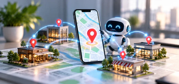 Robot pointing at a phone map with location pins over nearby shop models