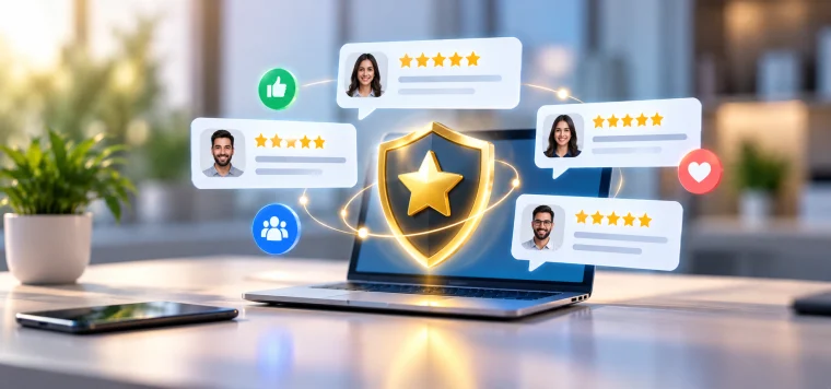 Shield with a star surrounded by five-star customer reviews over a laptop