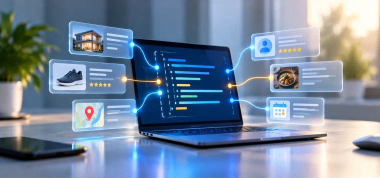 Laptop with structured code linked to cards for a building, product, reviews, food, location and events