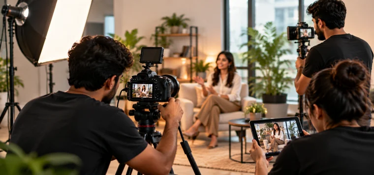 Crew filming an interview in a studio with a DSLR camera, a softbox light and a monitor