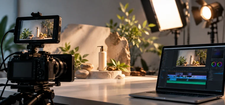 DSLR camera filming a product on a set, with a laptop editing the footage