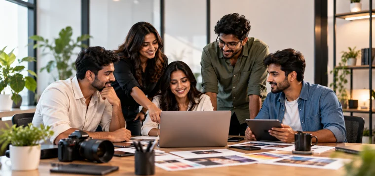 Smiling team gathered round a laptop and photo prints in a bright office