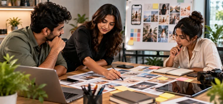 Team planning content at a table with a mood board, photo prints and sticky notes