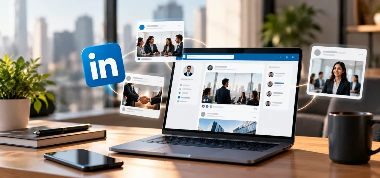 Laptop showing a LinkedIn page with team and founder post cards around the LinkedIn logo