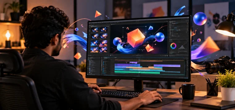 Designer animating 3D shapes and titles on a large monitor