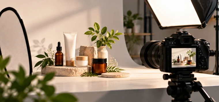 DSLR camera on a tripod shooting skincare products on a studio set