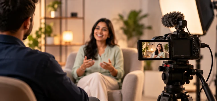 Woman speaking to camera in a filmed testimonial interview with a DSLR and a mic