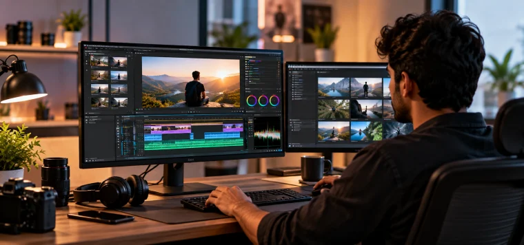 Editor cutting a video on two monitors with colour and timeline panels
