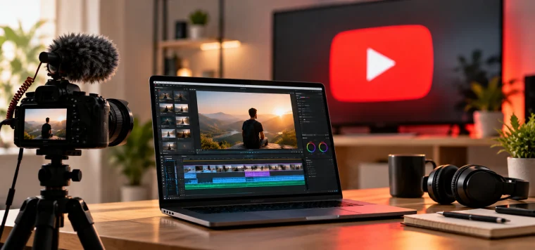 DSLR camera with a mic beside a laptop editing a video, with a YouTube logo on the wall