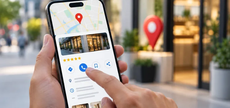 Hand tapping the call button on a business listing in Google Maps on a phone