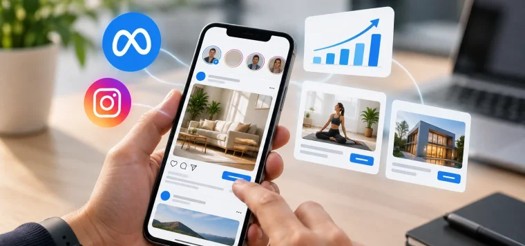 Instagram ad on a phone with the Meta and Instagram logos and a growth chart