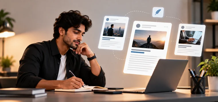 Man writing in a notebook at his desk with his post and article cards floating beside him
