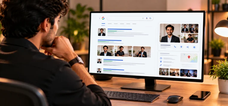 Man looking at a large screen with a Google knowledge panel about him