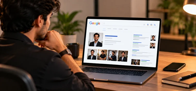Man looking at a laptop with Google results for his name, showing his photos and profiles