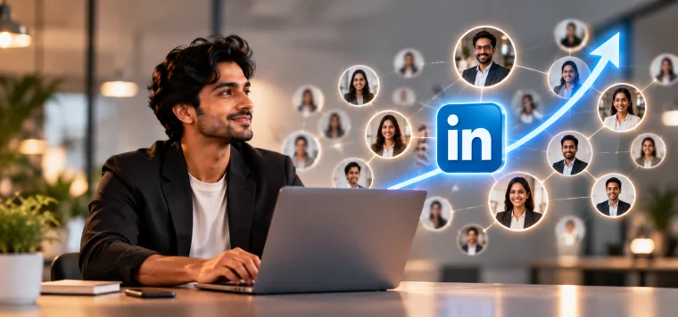Man at a laptop with the LinkedIn logo and many connection faces on a rising arrow