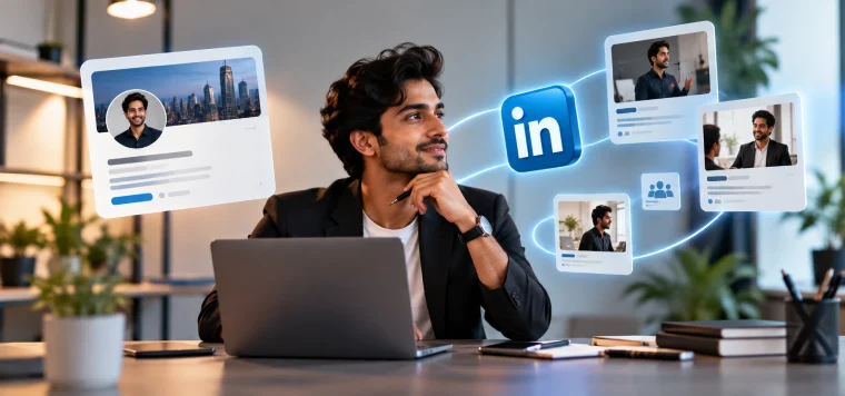 Man at a laptop with the LinkedIn logo and his profile and post cards around him