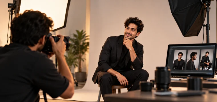Photographer shooting a man in a studio with a softbox and his photos on a monitor