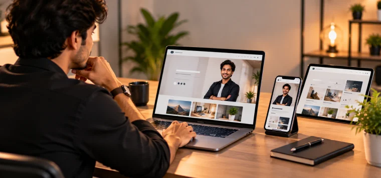 Man looking at his personal website on a laptop, phone and tablet