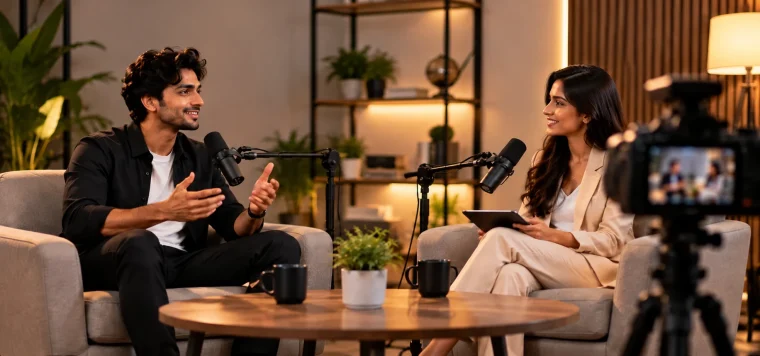 Man and woman talking on a podcast set with mics and a camera filming