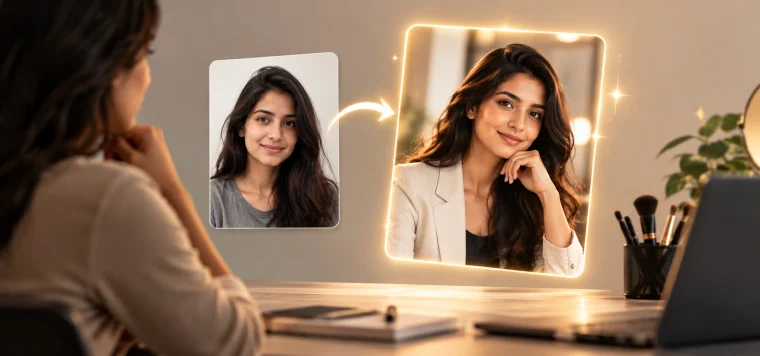 Woman comparing her plain old profile photo with a polished new one