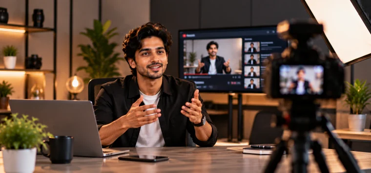Man talking to a camera on a tripod in a studio with his video on a screen behind