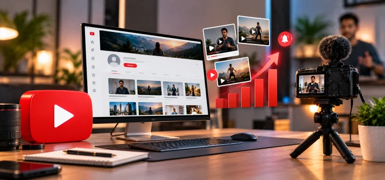 Laptop showing a YouTube channel beside a camera on a tripod and a rising YouTube chart