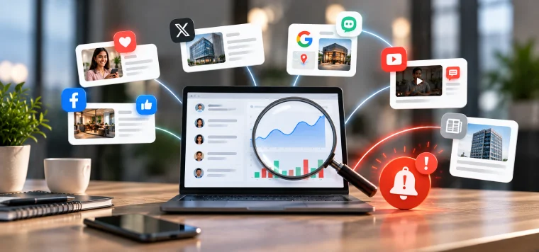Laptop with a magnifying glass over a mentions chart, with posts from Google, X, YouTube and Facebook and an alert bell