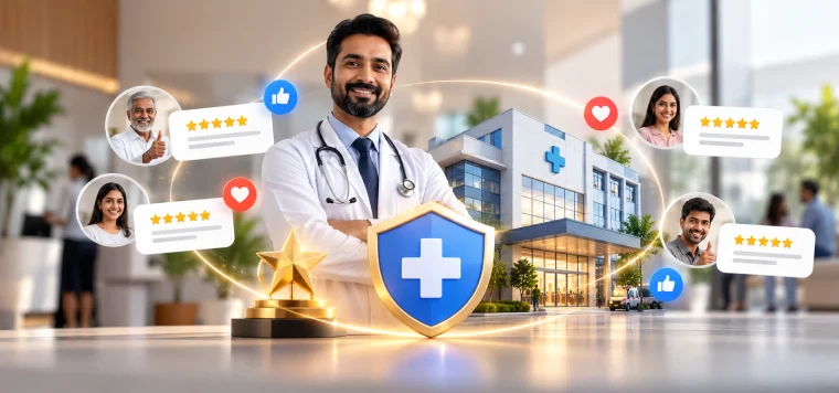 Smiling doctor in front of a hospital with a medical shield and five-star patient reviews