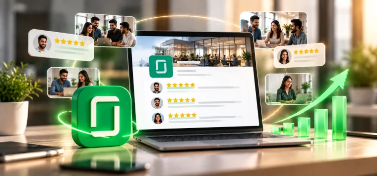 Laptop showing a Glassdoor employer profile with staff reviews, team photos and a rising chart