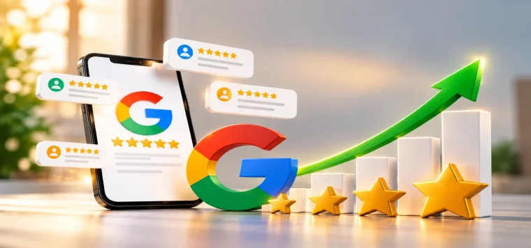Phone with a Google rating beside a big Google logo, gold stars and a rising green arrow