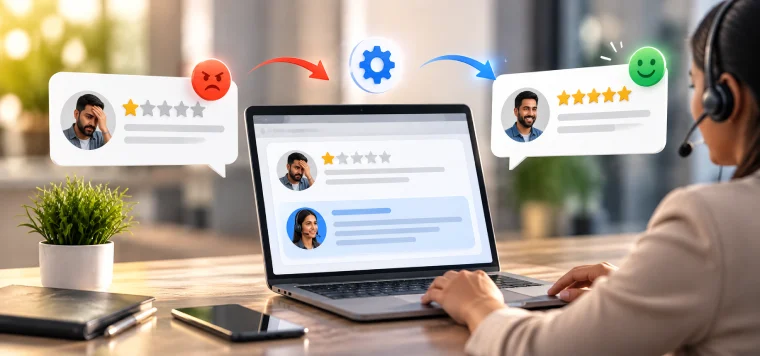 Support agent turning an angry one-star review into a happy five-star review on a laptop